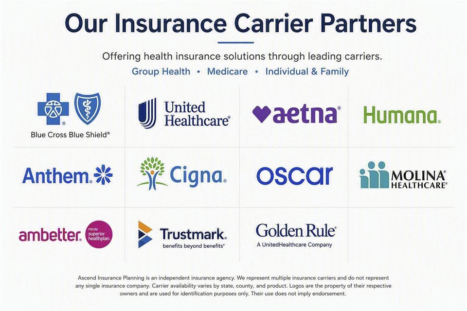 Ascend Insurance Planning's carrier partners: Blue Cross Blue Shield, UnitedHealthcare, Aetna, Humana, Anthem, Cigna, Oscar, Molina Healthcare, Ambetter, Trustmark, and Golden Rule